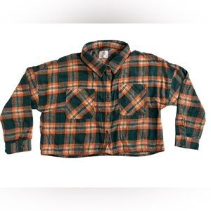 Mila And Tiff Cropped Plaid Flannel Shacket Button Down Long Sleeve Large Orange